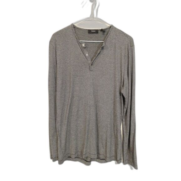 Theory Striped Henley Shirt in Viscose-Silk - Black/Natural M - Picture 3 of 7